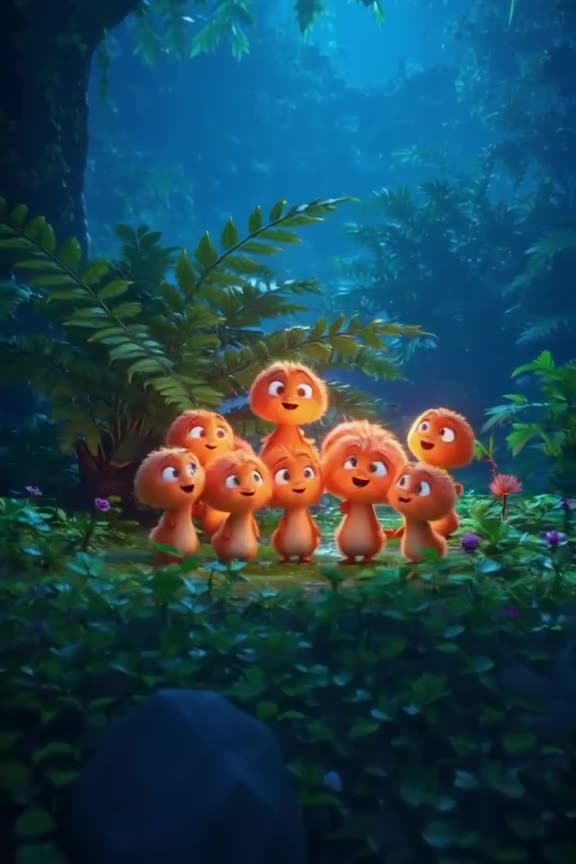 Mushrooms under a fern in twilight glow, a cluster of tiny orange fungi suddenly pop up l…