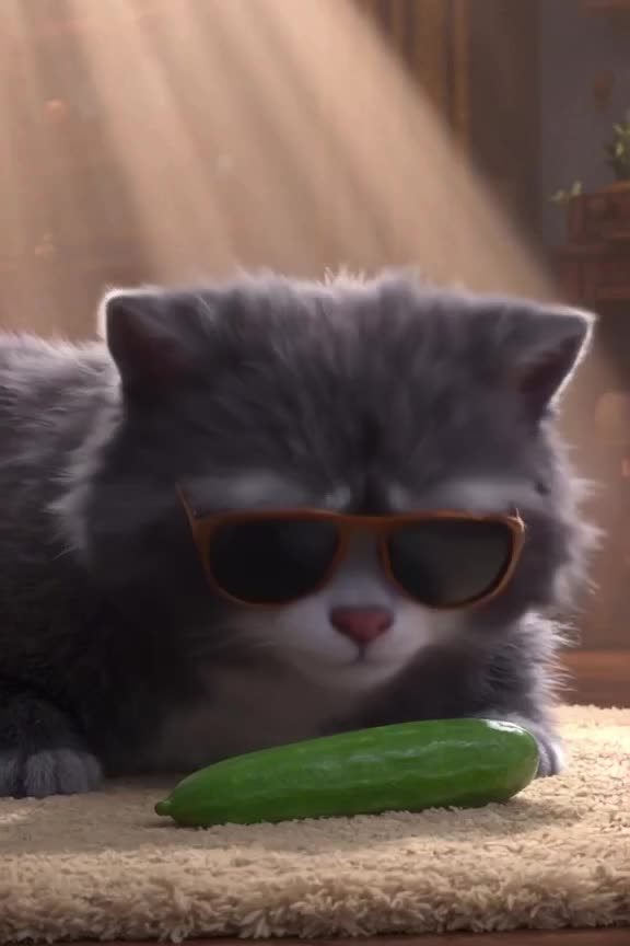 A large Maine Coon in dark sunglasses lies on a plush rug. A cucumber rolls in from the s…