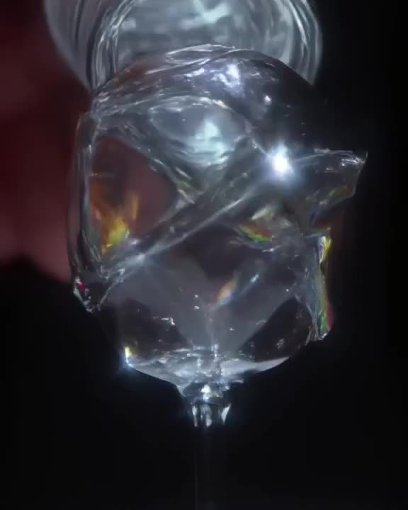 A water bottle tip over, but the water stays in shape like a glass sculpture. Crystal cle…