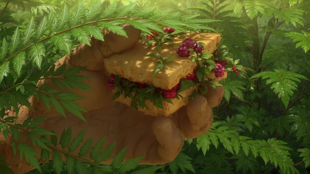 A tiny, impossible sandwich made of moss and wild berries is held by a giant, friendly fe…