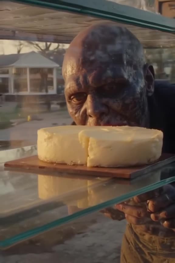 A zombie presses its face against a window of a bakery display case. Inside, a perfect wh…
