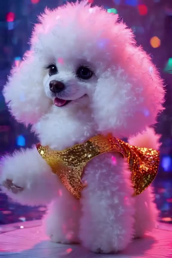A fluffy white poodle in a glittering gold sequin dress strikes a pose in a neon-lit retr…