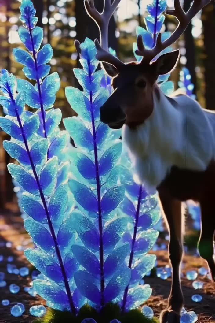 A reindeer walks through a forest where the leaves are actually sparkling blue gems. It s…