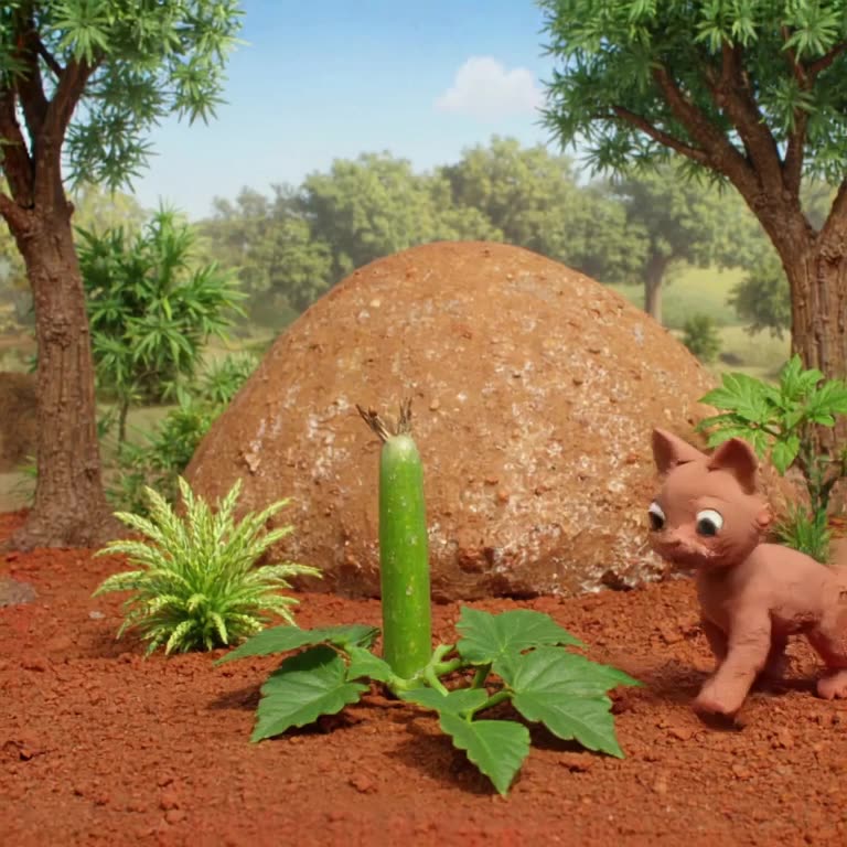 Claymation style, stop-motion feel. A cat on a rooftop garden watches a cucumber sprout i…