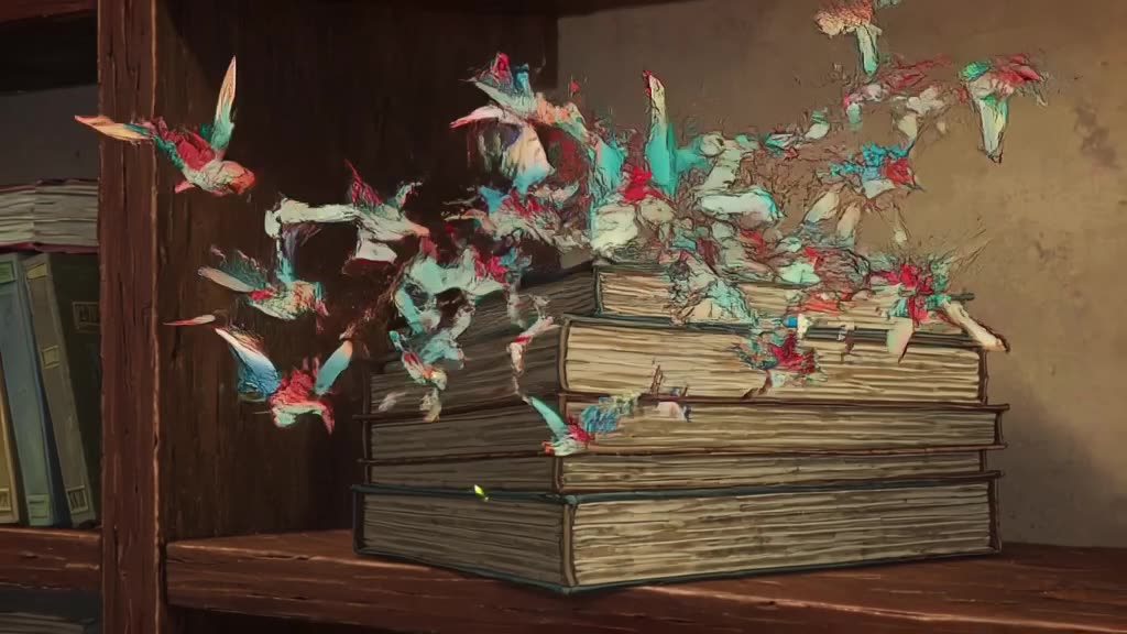 A stack of vintage books on a shelf bursts open, releasing a flock of paper airplanes tha…