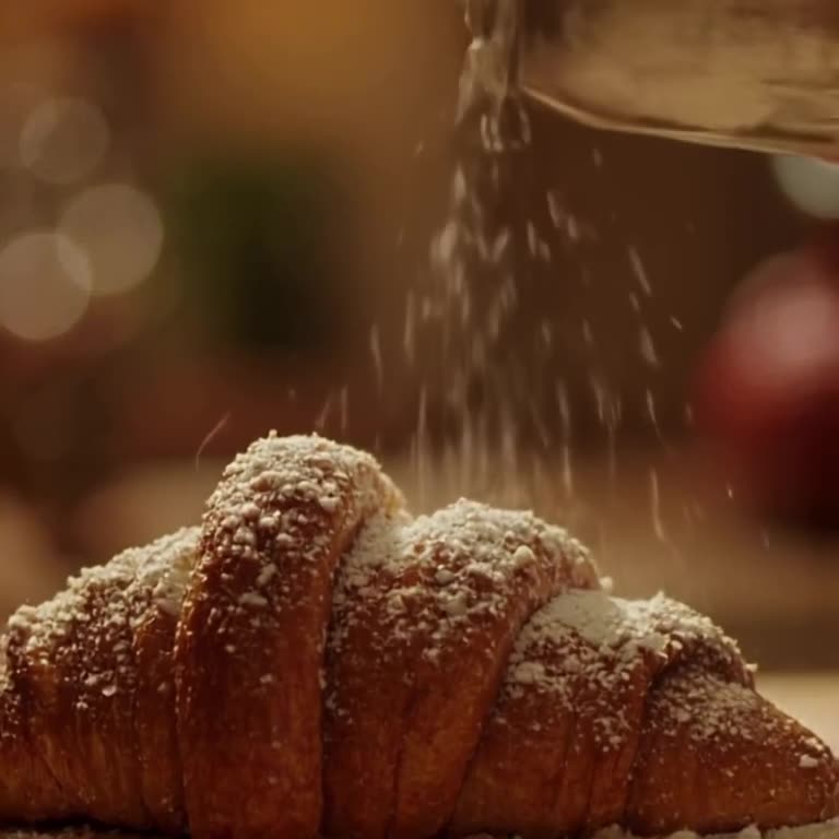 A miniature baker dusts a giant croissant with powdered sugar from a shaker lid. The suga…