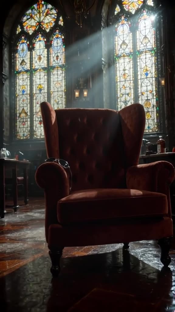 A plush velvet armchair in a rainy library setting, sunglasses are casually draped over t…