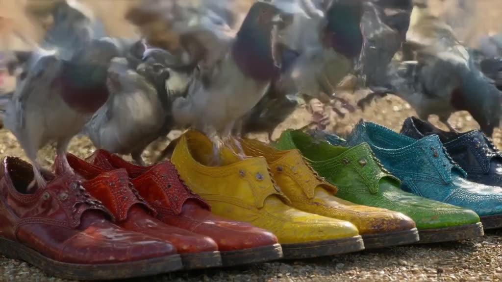 A flock of pigeons lands simultaneously on a row of vintage leather shoes. Each bird land…