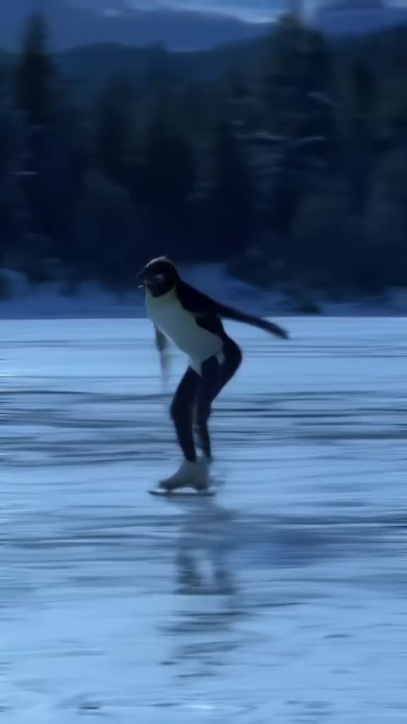 A penguin in a sleek figure skating outfit glides across a frozen lake. Suddenly, he atte…