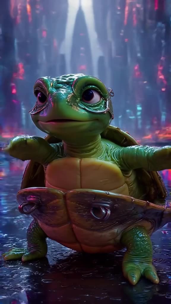 A baby turtle emerges from a shell made of hair clips. It looks confused, then strikes a …