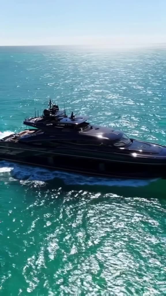 A sleek black luxury yacht glides smoothly across turquoise tropical waters under a clear…