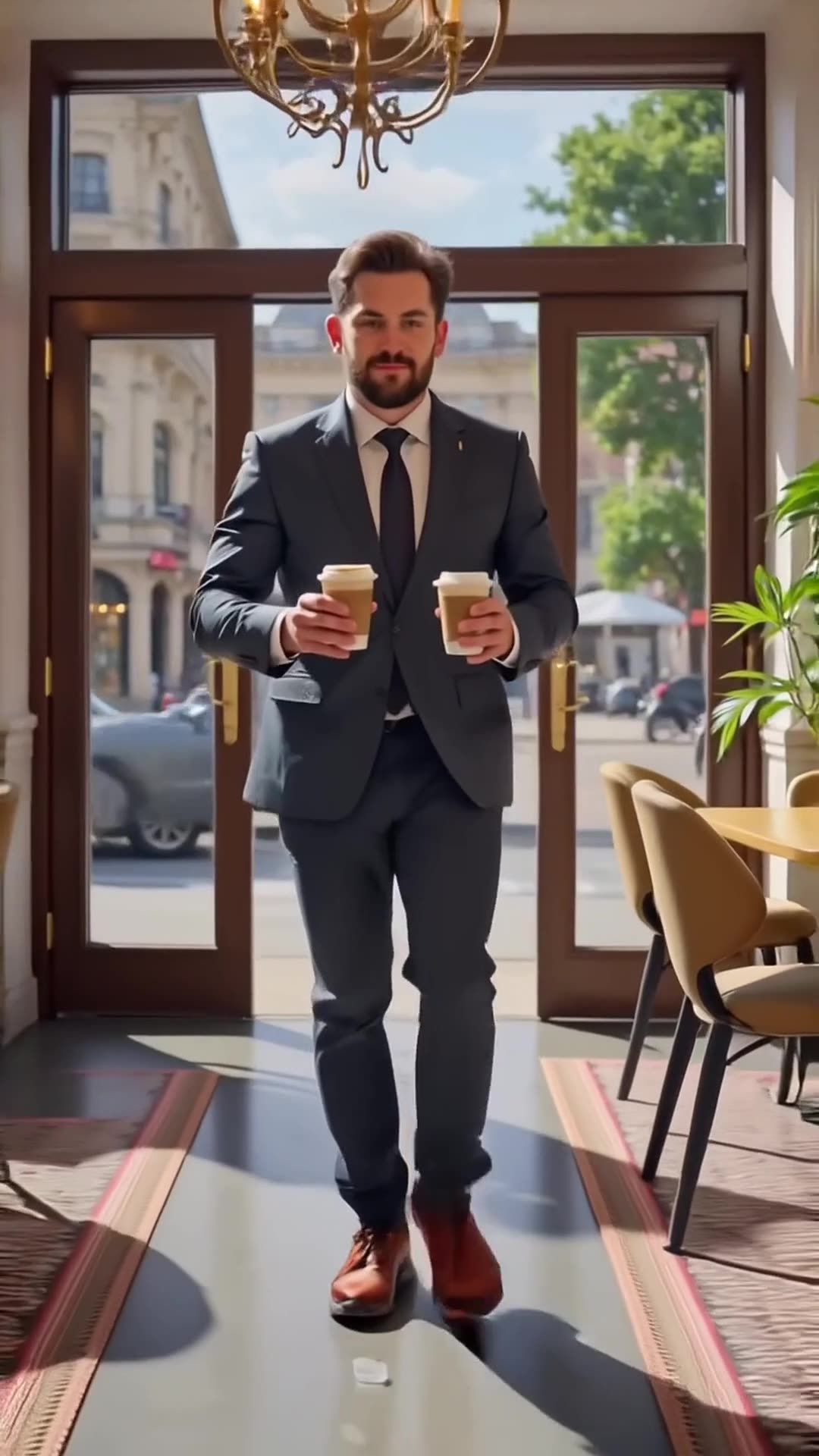 A man confidently walks into a fancy café carrying two coffees, slips on a single ice cub…