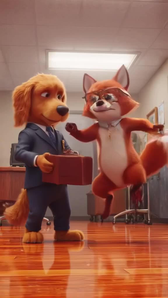 Golden Retriever in a tailored suit tries to deliver a briefcase to a fox wearing glasses…