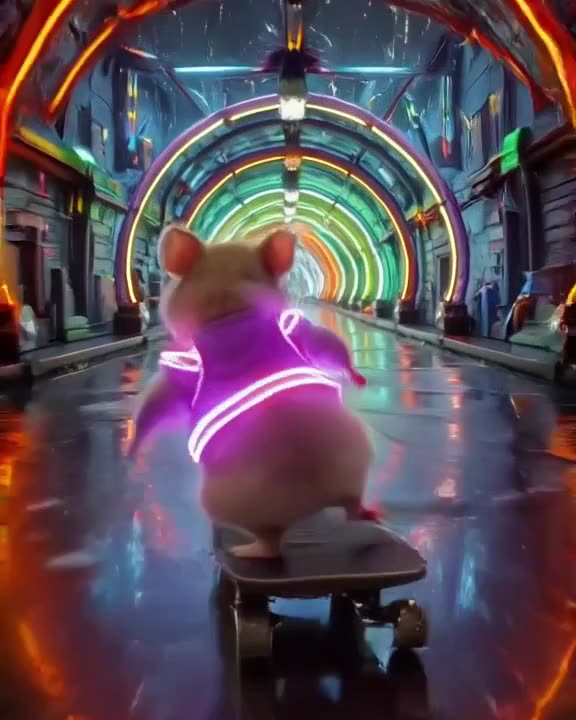 A hamster in a LED-lit bodysuit skateboards through a tunnel of neon pipes. The camera fo…