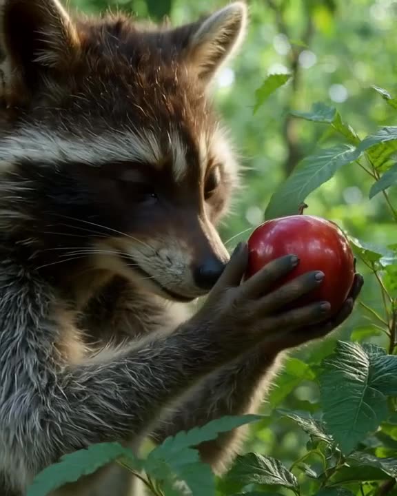 A raccoon in a rainforest canopy gently polishes a shiny apple with a leaf. Soft forest g…