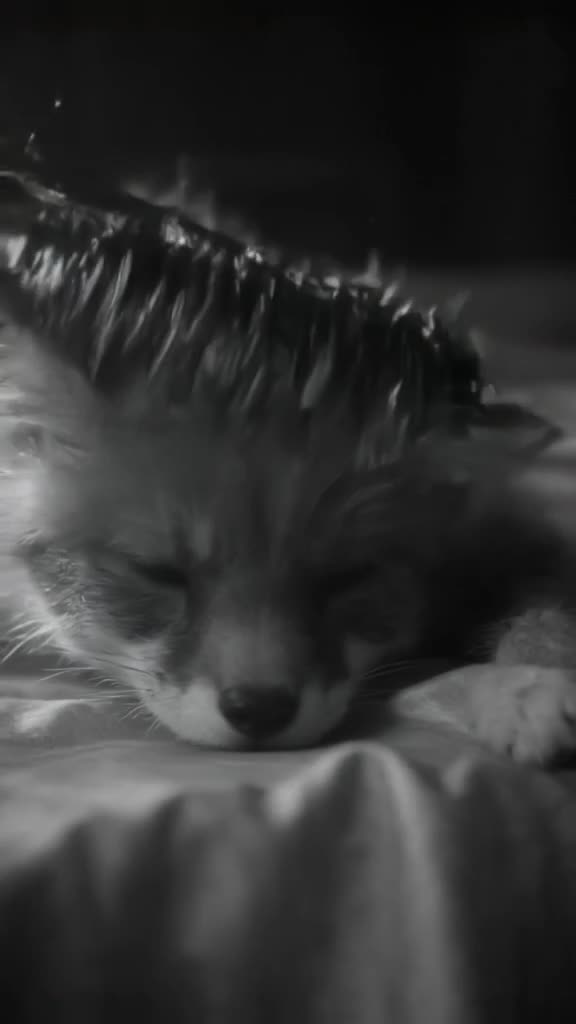 A baby fox lies on a silk sheet, looking annoyed as a tail brush whips past. Fur flies in…