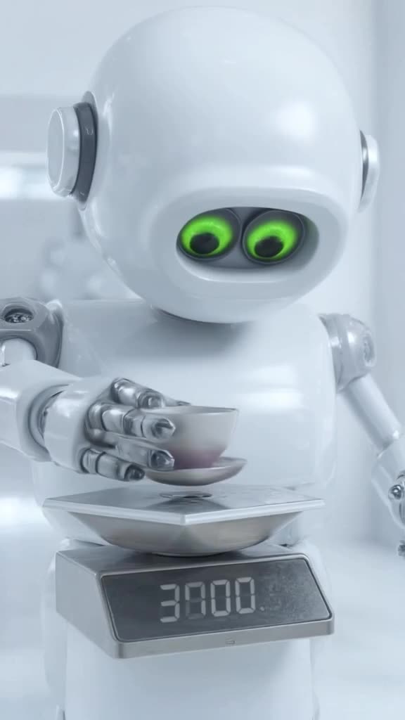 A robot arm carefully places a tiny espresso shot on a scale. The number ticks up perfect…
