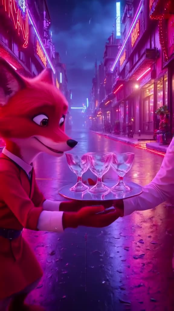 A red fox in a waiter’s outfit tries to balance a tray of three crystal glasses on one fi…