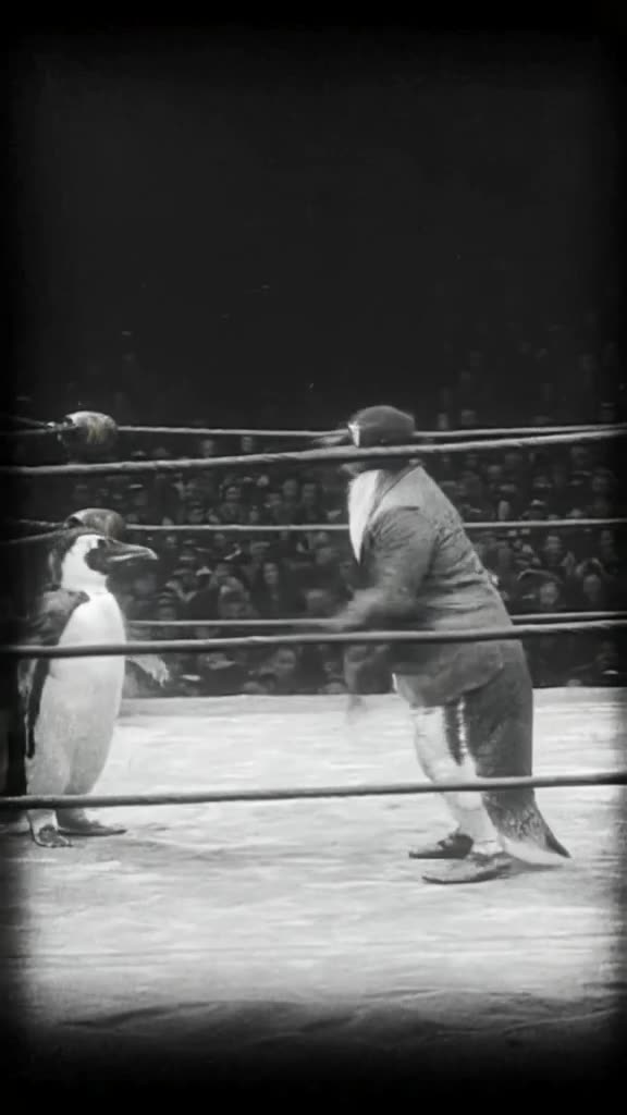 A penguin in a suit jacket taps its beak like a referee, then dives into the ring. Black …