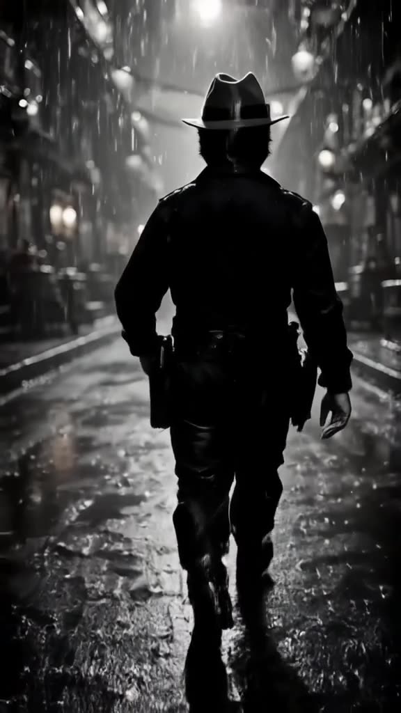A noir detective cat in a fedora walks down a rain-slicked street in a space station. The…