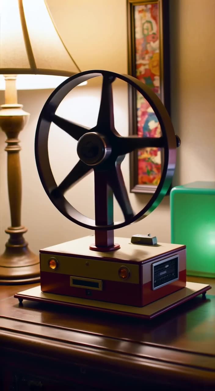 A vintage film projector sits on a vintage desk. Instead of film, it projects beams of co…