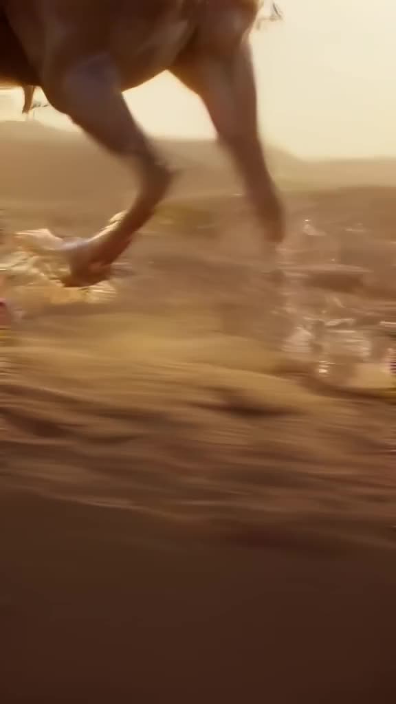 A horse made of water droplets gallops across a desert dune, leaving wet footprints that …