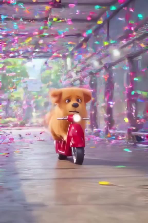 A golden retriever rides a tiny red scooter through a car wash tunnel. The brush rotates …