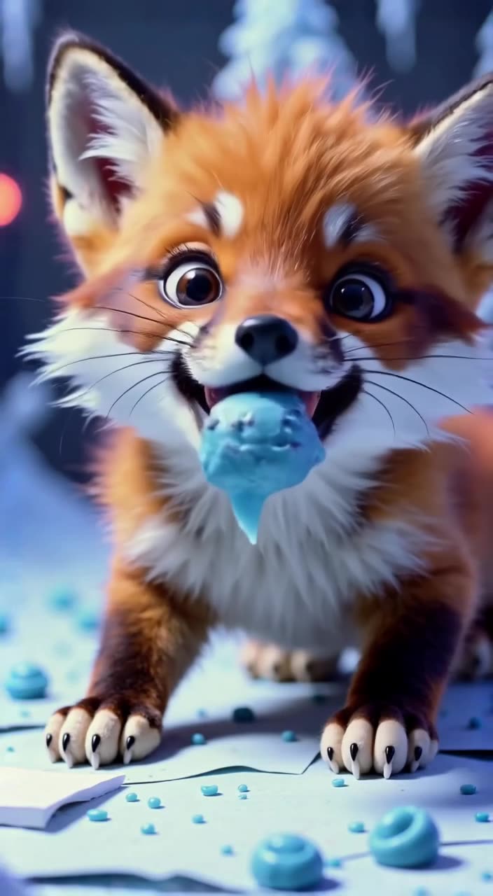 A baby fox pup licks a frozen blueberry sorbet. The sorbet sticks to its tongue, pulling …