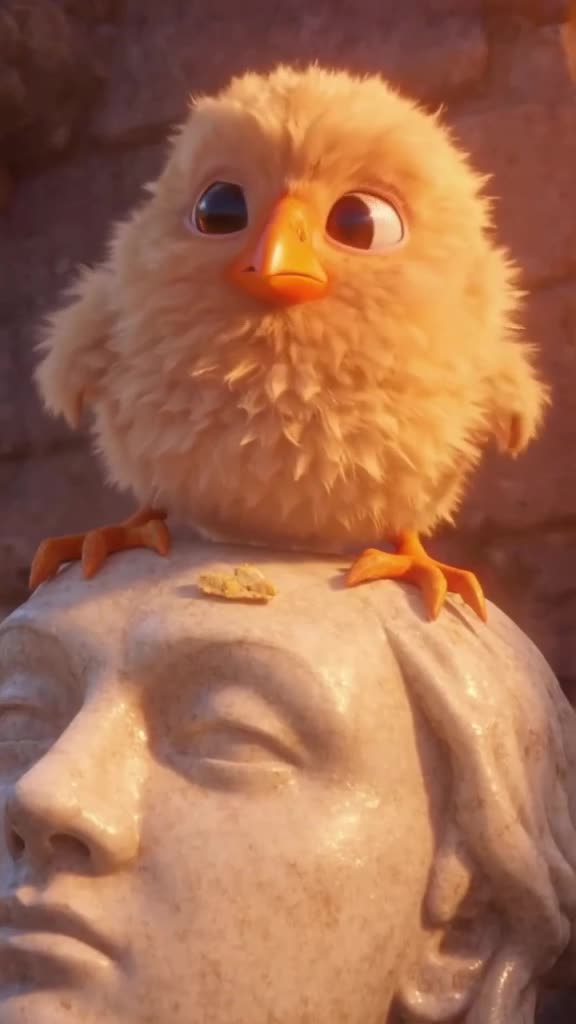 A fluffy baby chick perched on a marble bust of Caesar looks around nervously. Golden sun…