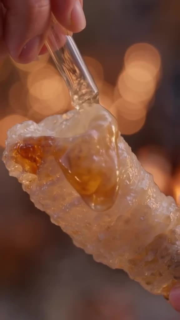 Close-up of a tiny hand holding a miniature glassblowing pipe, melting a giant ice cream …