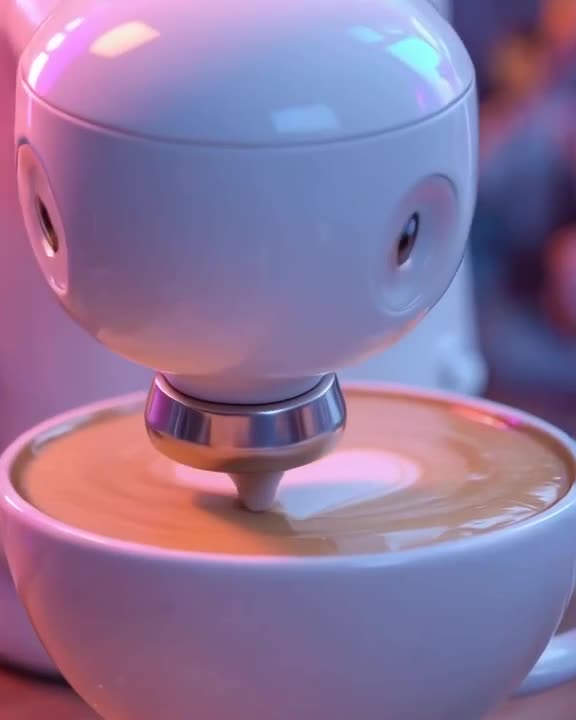 A sleek white robot barista performs a perfect liquid hand fan dance while pouring latte …