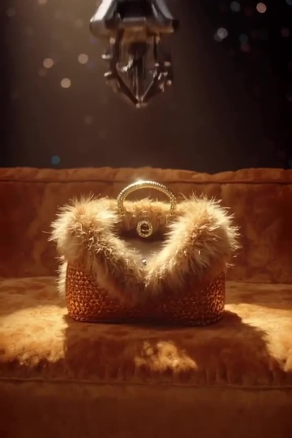 A luxurious fur-trimmed purse sits on a velvet sofa. A mechanical robotic arm descends an…