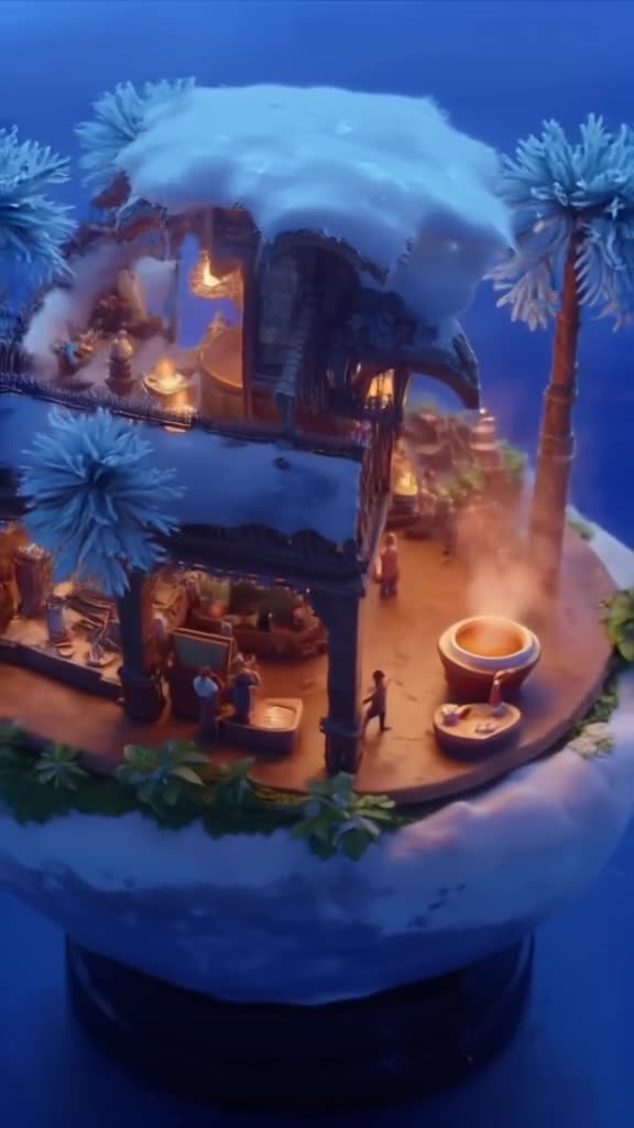 A snow globe contains a miniature coffee shop. Inside, tiny figures walk around steaming …