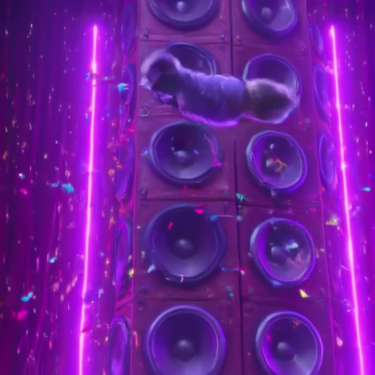 A raccoon in a glittery jumpsuit attempts a backflip off a speaker stack but misjudges th…