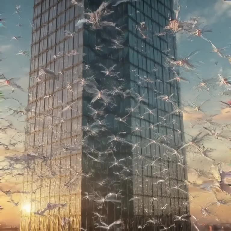 A hyper-modern glass skyscraper shatters into thousands of floating, glowing origami cran…