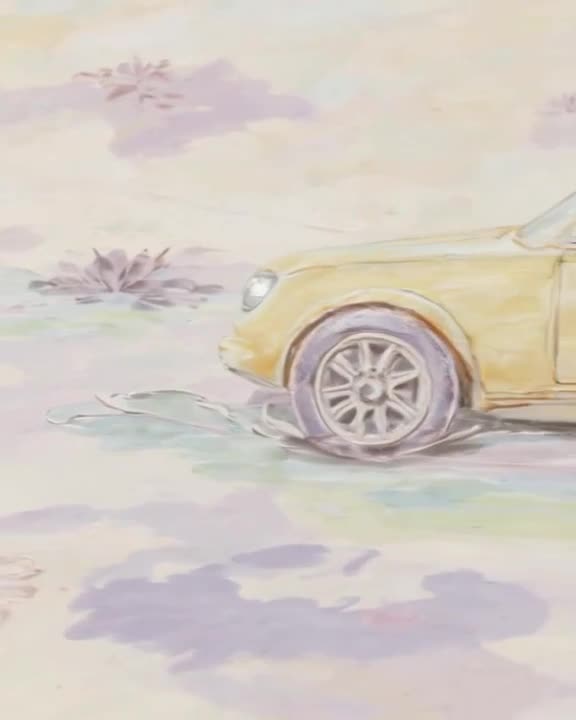 A watercolor-painted car drives through a landscape of ink-blot puddles. The wheels splas…