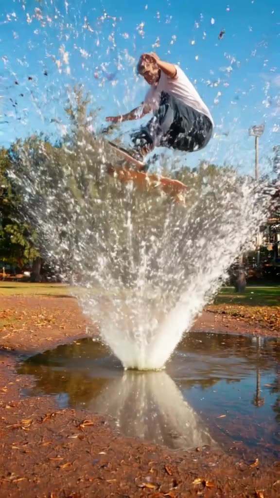 A skateboarder jumps over a puddle that bursts into a fountain of sparkling confetti inst…