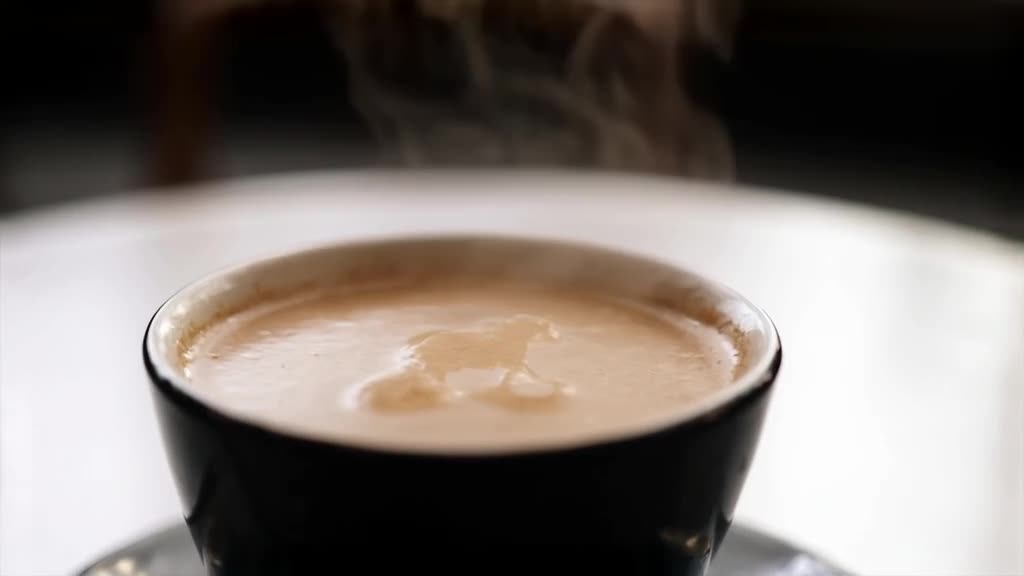 A coffee cup steams vigorously on a white table. The steam forms the shape of a bull runn…