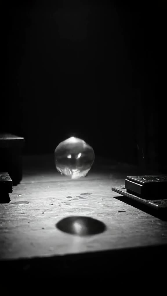 A dark noir-style lab with a single spotlight. A flask of silver mercury rolls across the…