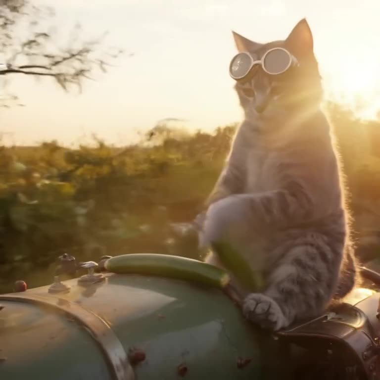 A gray tabby cat wears aviator goggles, sitting atop a vintage racing car. A cucumber is …