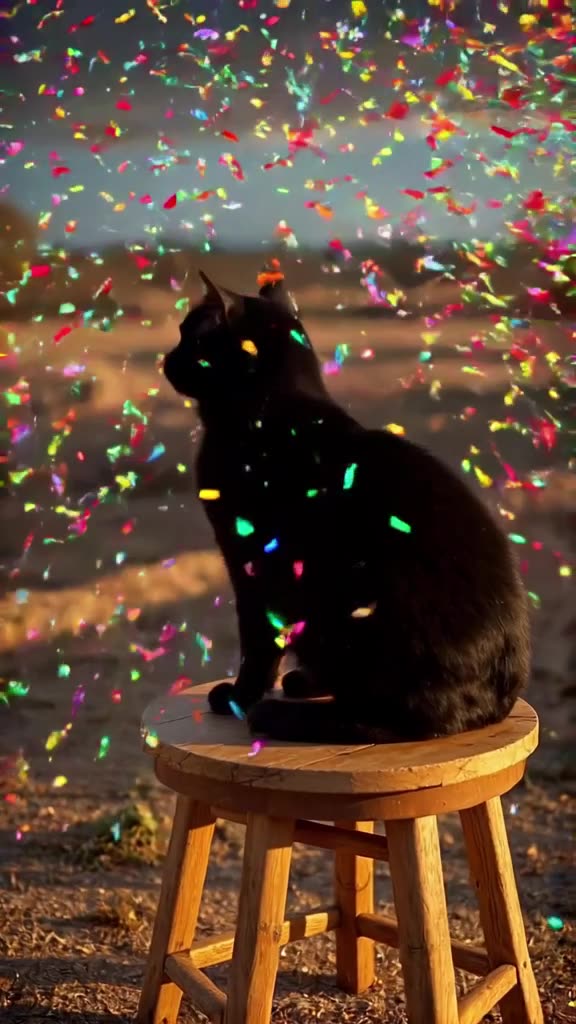 A sleek black cat sits atop a wooden stool. A drone camera circles rapidly as a burst of …