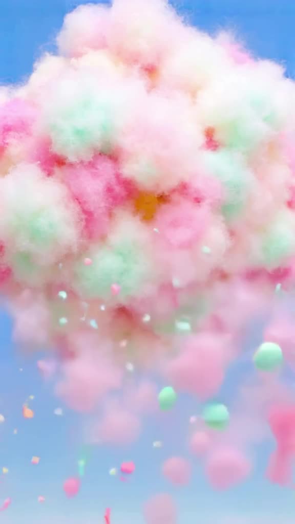 A giant, soft clay cloud floats through a blue sky. It sneezes, releasing a shower of col…