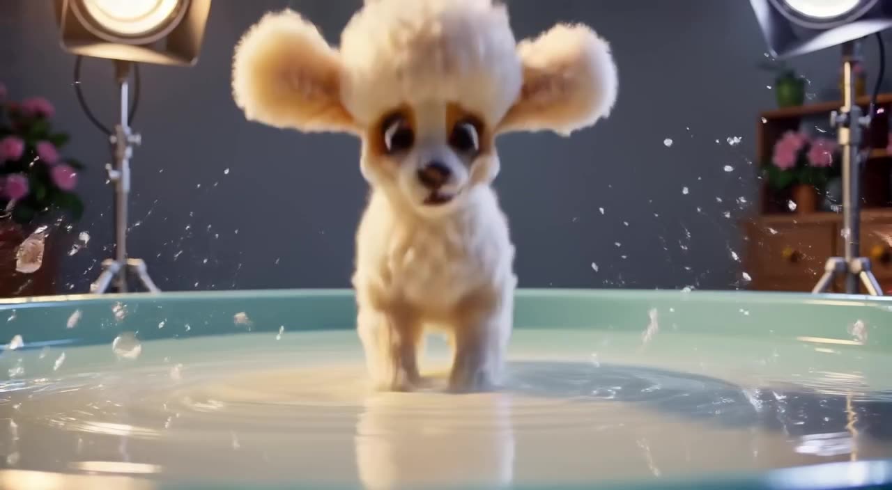 Slow-motion shot of a poodle jumping into a pool of milk under bright studio lights. Milk…
