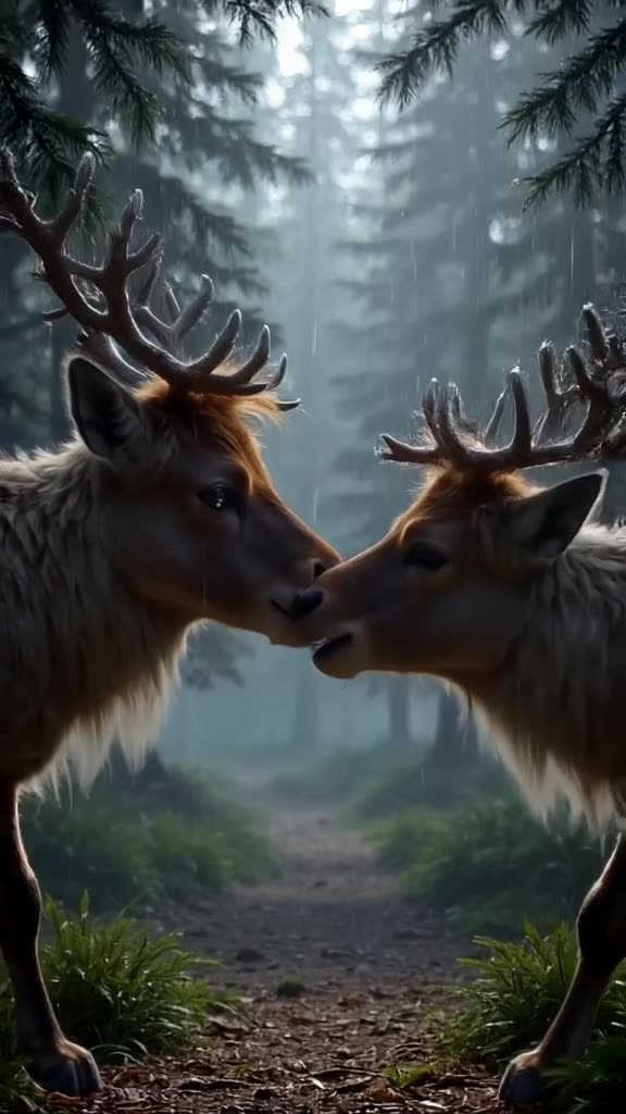 A reindeer calf nudges its mother’s nose tenderly in a misty forest clearing. Dew drops f…