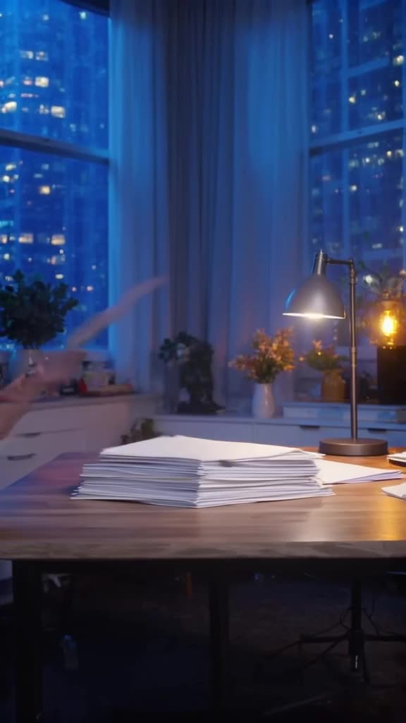 A stack of papers shuffles itself, organizing into a perfect pyramid. Office setting with…