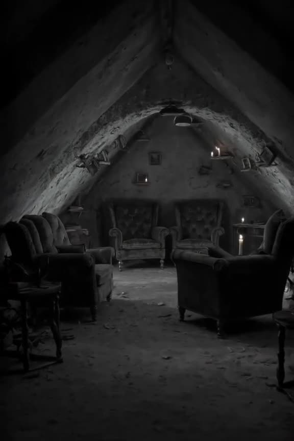 An empty, dusty attic transforms into a cozy reading nook with velvet armchairs and float…