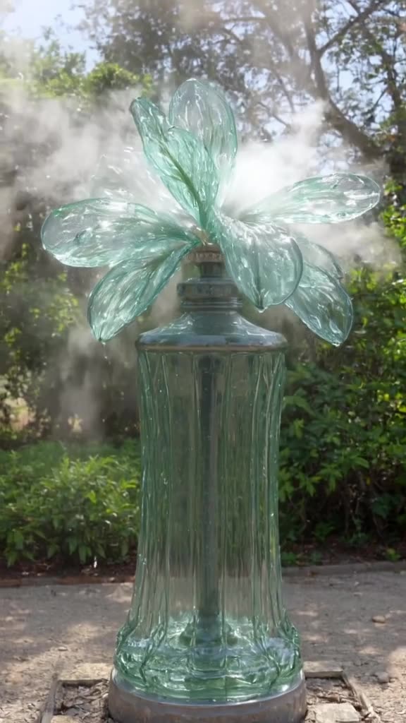 A tiny firefighter sprays water on a giant glass fire hydrant, which turns into a bloomin…