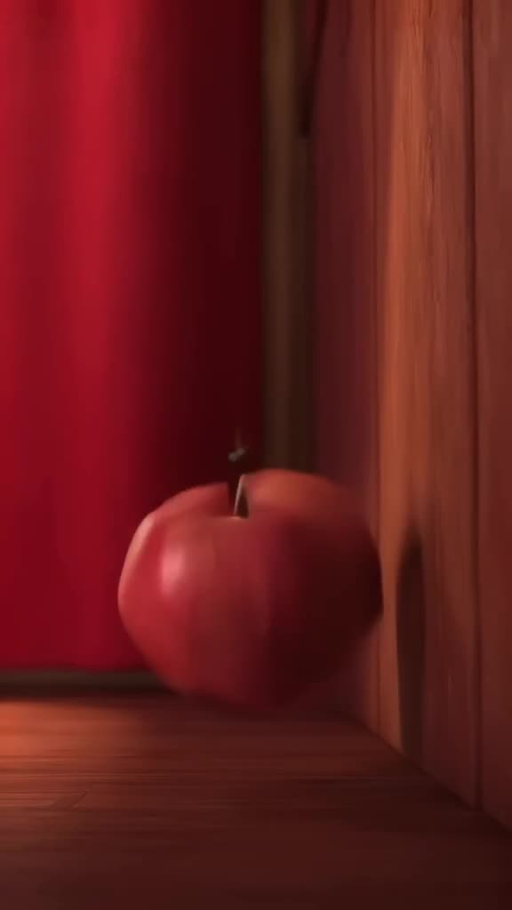 A single apple rolls into frame, bumps into a wall, and bounces back with a dull 'thunk',…