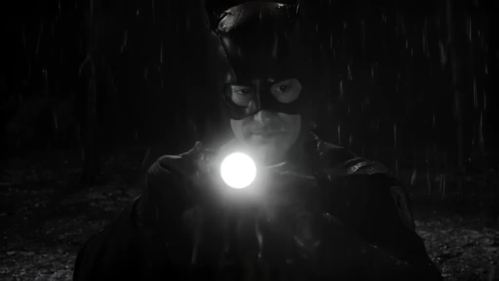 Noir black and white high contrast. A detective superhero shines his flashlight, revealin…