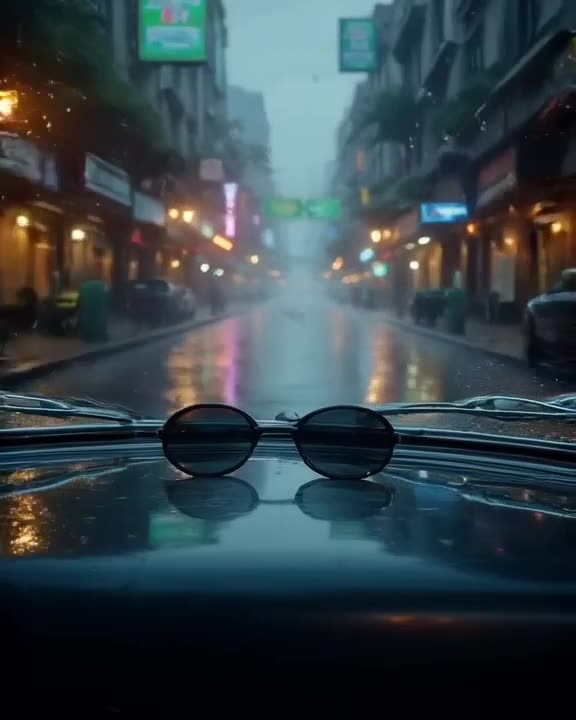 Vintage car interior on a rainy day, sunglasses lie on the dashboard reflecting the wet s…